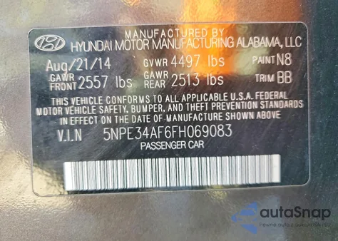 2015 Hyundai Sonata Sport z USA, uszkodzony, nr VIN 5NPE34AF6FH069083